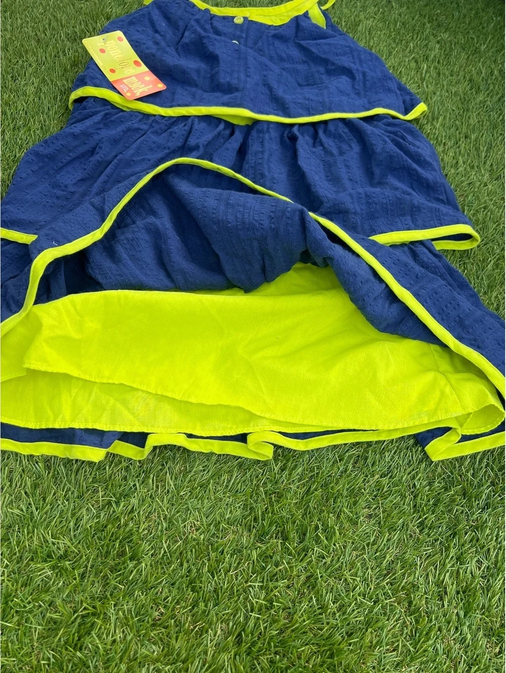 Penelope Mack Girls 6X Blue Tiered Dress with Neon Yellow Trim